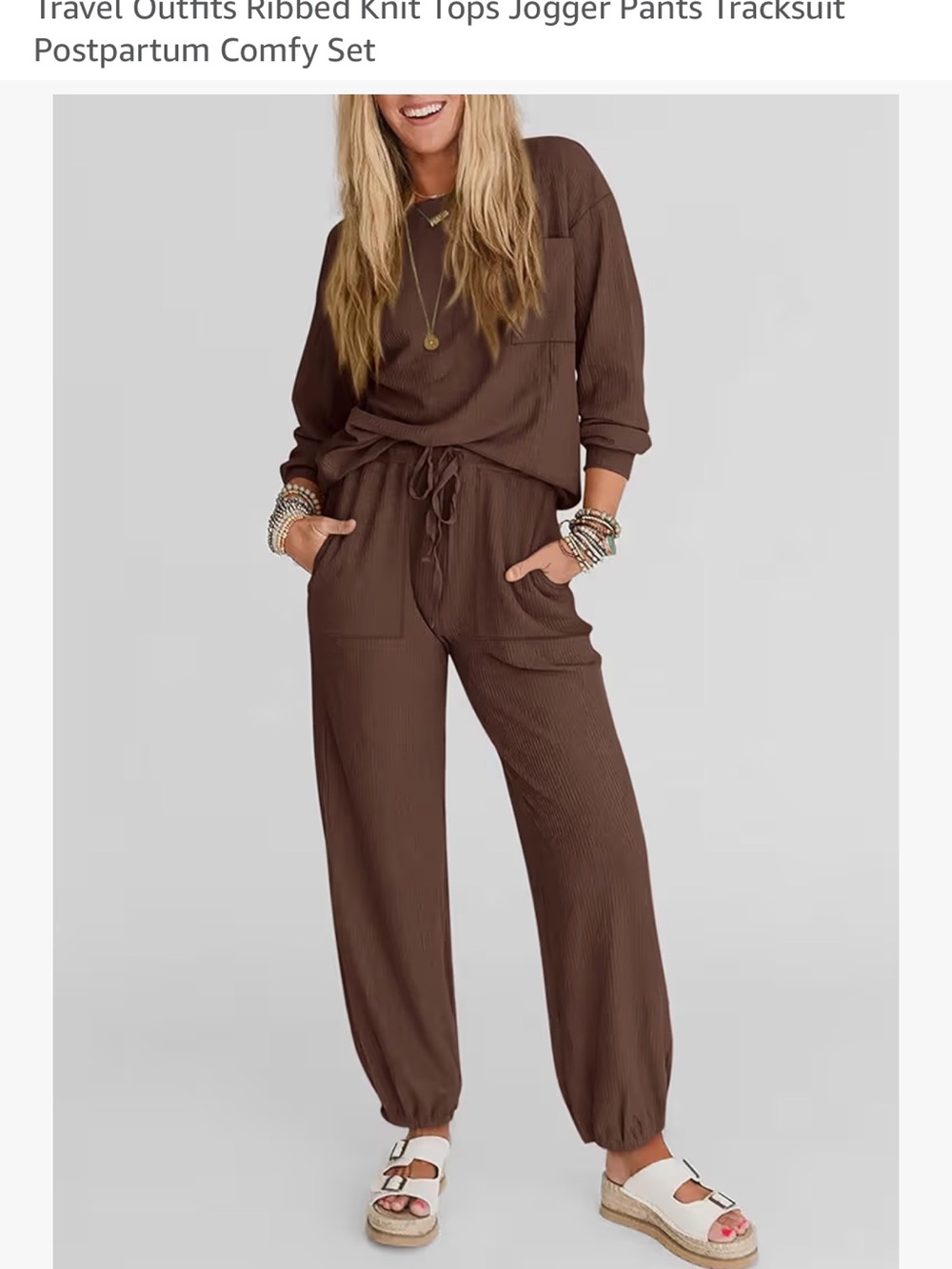 Brown Ribbed Knit Jogger Pants - Women